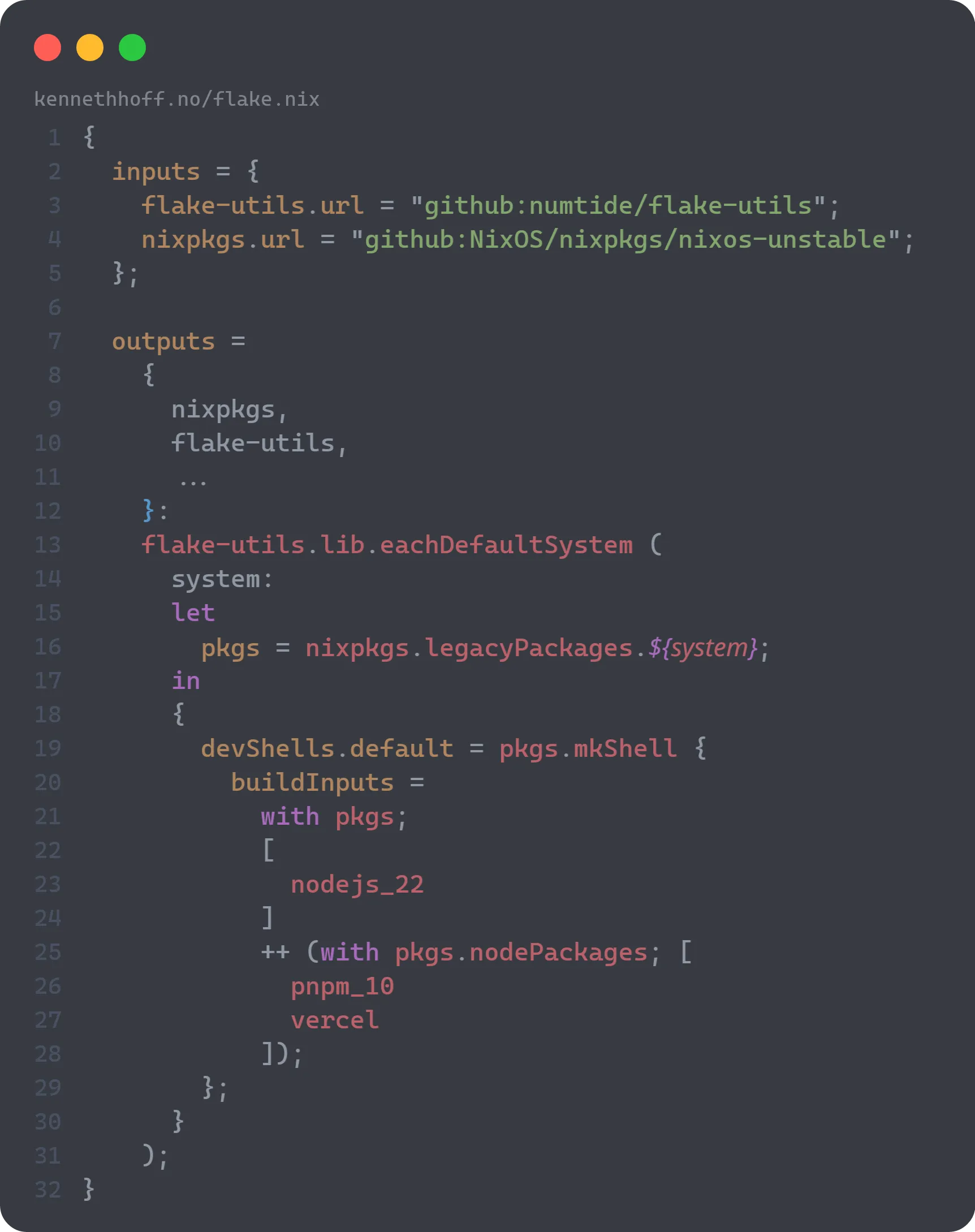 A development flake showing which applications to install, like the vercel CLI for deployment, nodeJS v22 for development and pnpm v10 for package management